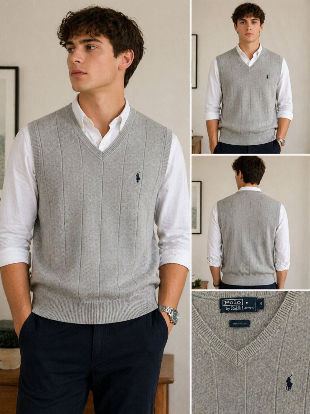 Polo Ralph Lauren Gray Sweater Vest Men’s Medium 100% Cotton V-Neck Classic Prep